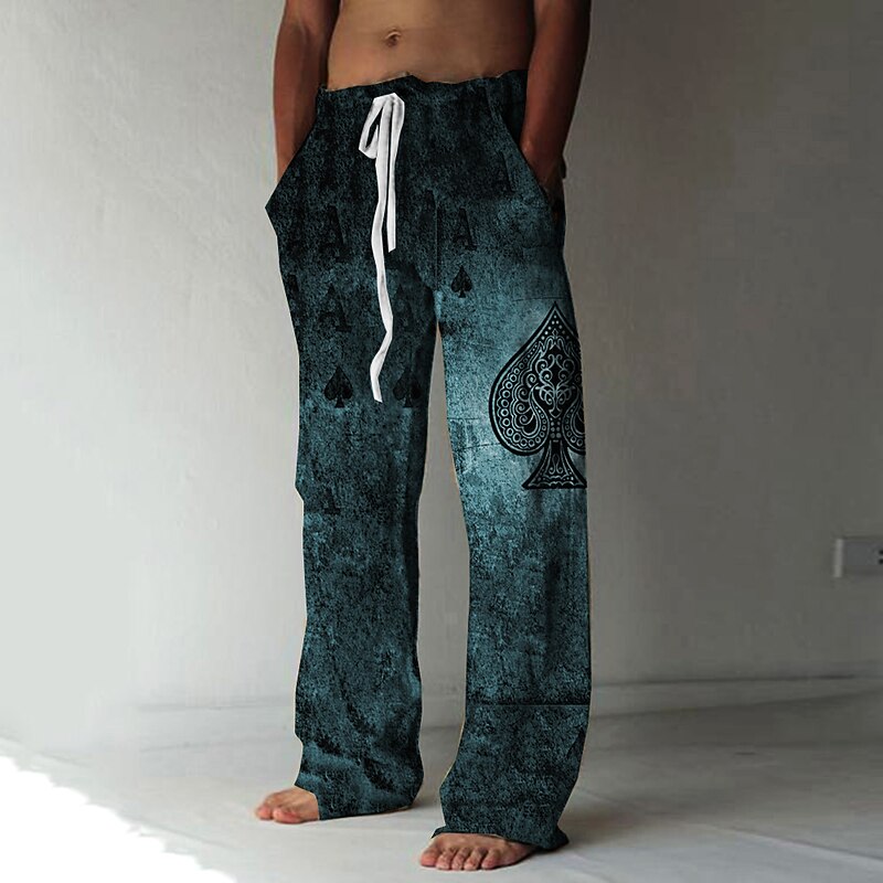 Men's Trousers Summer Pants Beach Pants Elastic Drawstring Design Front Pocket Straight Leg Graphic Prints Poker Comfort Soft Casual Daily Beach Linen Like Fabric Fashion Designer Blue Brown3