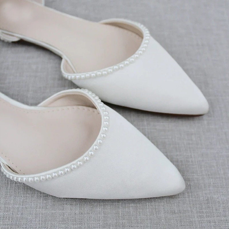 Women's White Pearl-Embellished Pointed Toe Flat Shoes with Ankle Strap - Perfect for Weddings and Formal Occasions4