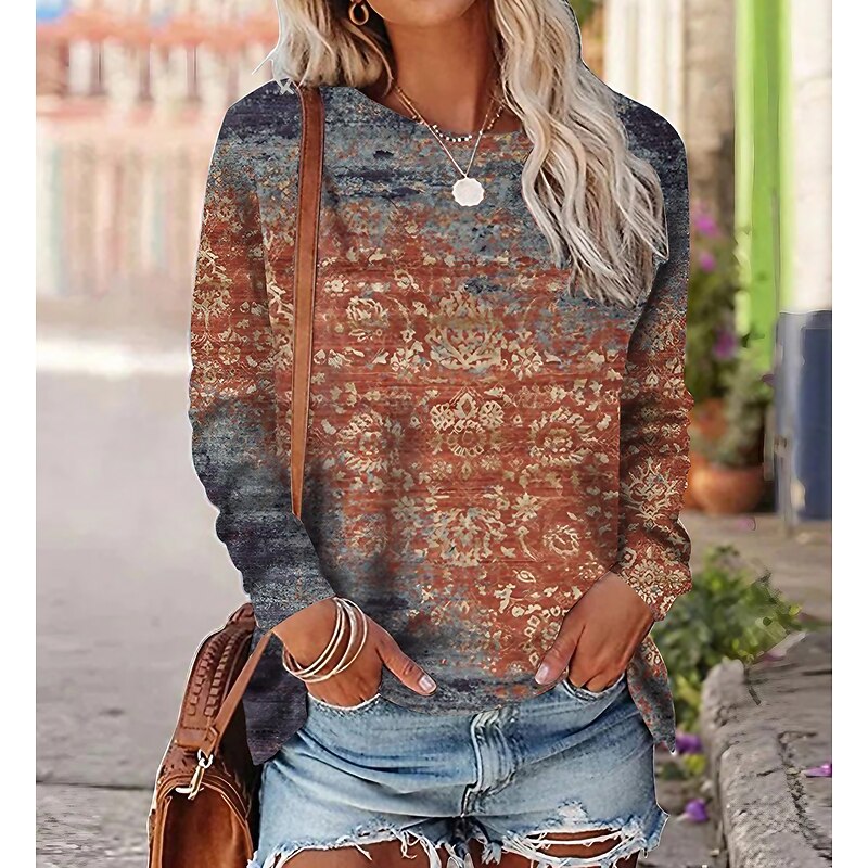Women's T shirt Long Sleeve Crew Neck Long Sleeve Tunic Graphic Vintage Ethnic Round Neck Regular Tops Daily Weekend Print Red Blue Purple Orange Green Fall & Winter Prefall