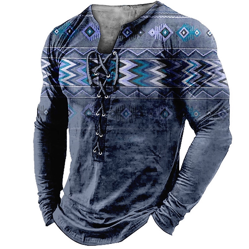 Mens Graphic Shirt Tee Collar Green Blue Coffee Gray 3D Print Outdoor Street Long Sleeve Lace Up Clothing Apparel Boho Designer Casual Native American Cotton2