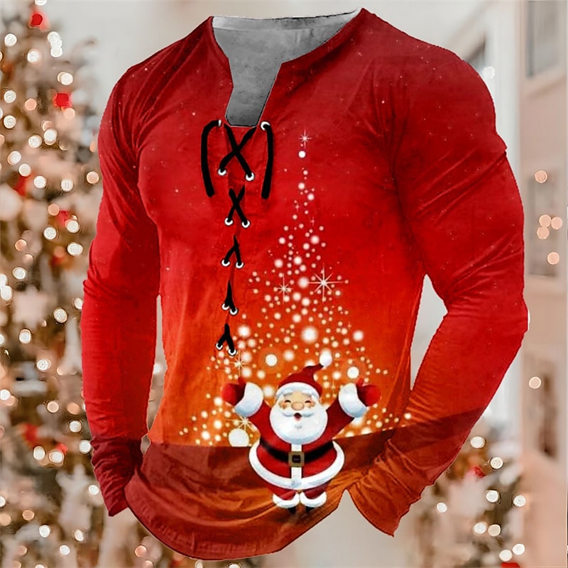 Christmas Men's Santa Claus Henley T Shirt Graphic Tee Santa Claus Collar Green Blue Purple Orange Red 3D Print Outdoor Long Sleeve Lace Up Casual Cotton2