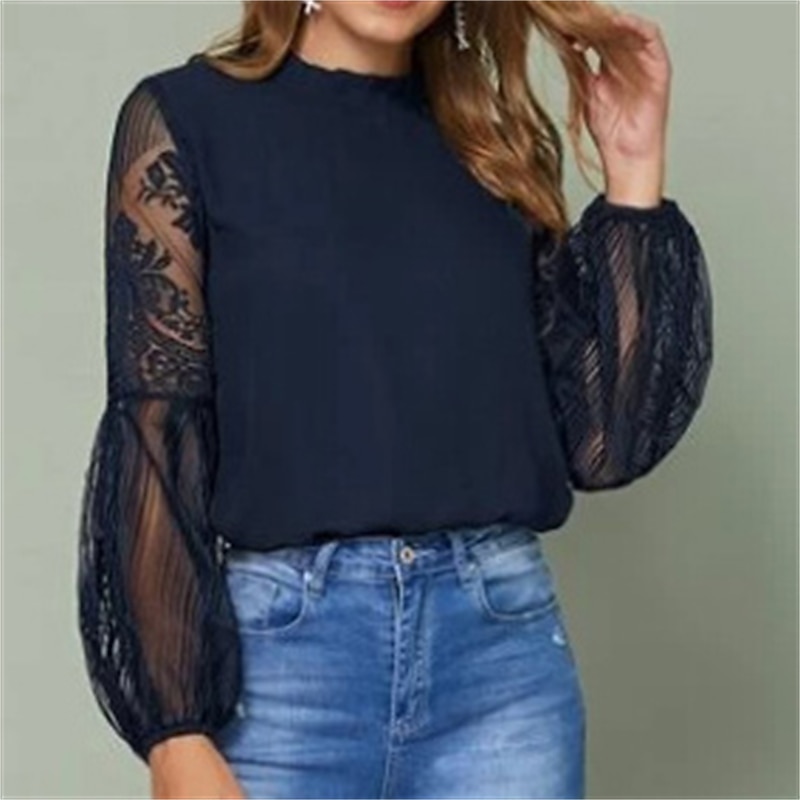 Women's Boho Shirt Lace Shirt Blouse Mesh Patchwork Top Solid / Plain Color Classic Lace Sweet Lantern Sleeve Party Daily Going out Embroidery Black Wine Dark Blue Spring &  Fall Fall & Winter3