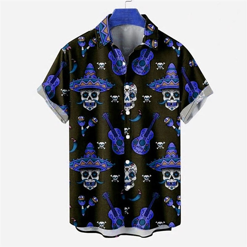 Men's Skull Halloween Costumes Shirt Short Sleeves Fashion Designer Casual Outdoor Halloween Street Summer Spring Turndown Print Button-Down Navy Blue Blue Purple Green3