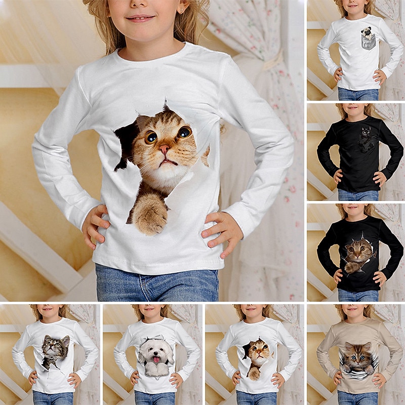 Kids Girls' T shirt Animal Casual 3D Printing Long Sleeve Crewneck Cute 7-13 Years Fall Black White Ivory