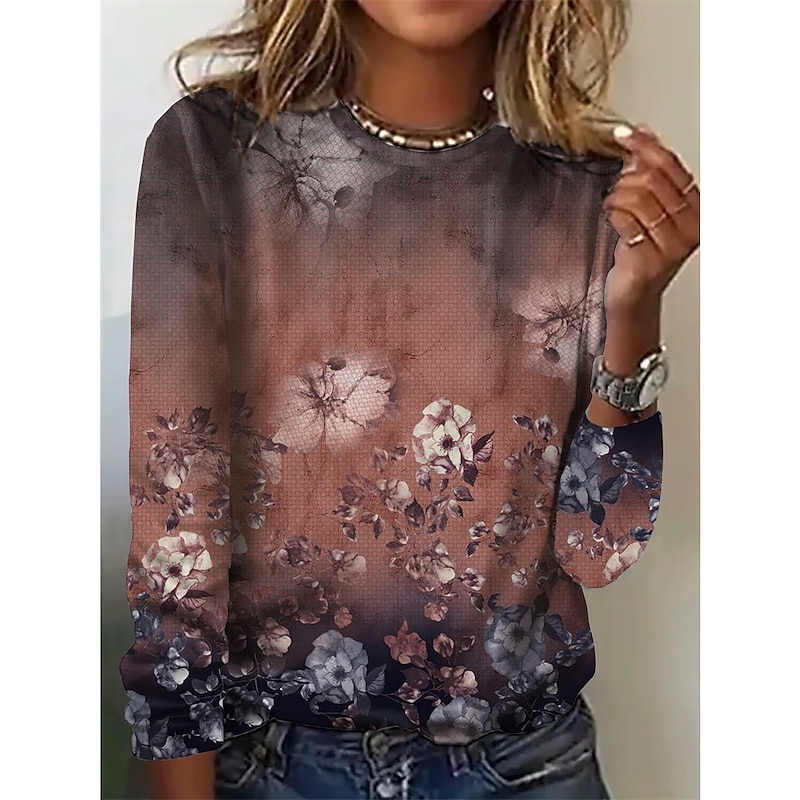 Women's T shirt Crew Neck Long Sleeve Tunic Vintage Basic Butterfly Print Regular Tops Round Neck Daily Weekend Pink Blue Purple Brown Green Fall & Winter4