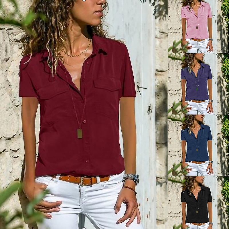 Women's Blouse Pocket Solid Colored Daily Shirt Collar T-shirt Sleeve Light Summer Blue Black Purple Dark Red Pink2