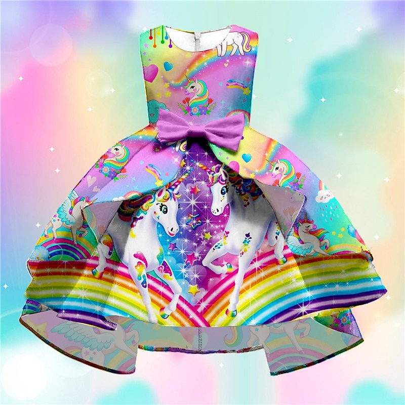 Kids Girls' Dress Party Dress Animal Rainbow Unicorn Sleeveless Formal Ruffle Crewneck Elegant Beautiful Polyester Knee-length Swing Dress A Line Dress Fall Winter 3-10 Years Purple