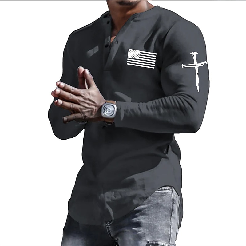 Men's Henley Shirt Cool Shirt Long Sleeve Shirt Long Sleeve Henley Spring &  Fall Graphic Prints National Flag Designer Casual Comfortable Print Button-Down Street Sports Holiday White Dark Gray Top2