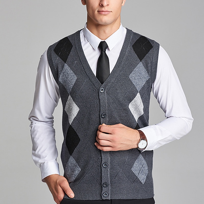 Men's Sweater Vest Dress Sweater Wool Sweater Ribbed Knit Knitted Button-Down Patchwork V Neck Modern Contemporary British Daily Wear Going out Clothing Apparel Sleeveless Spring &  Fall Dark Navy3