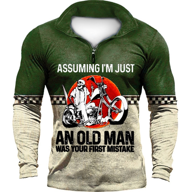 Men's Long Sleeve Graphic Tee with Biker Quote: 'Assuming I'm Just An Old Man Was Your First Mistake' Funny Quarter-Zip Shirt3