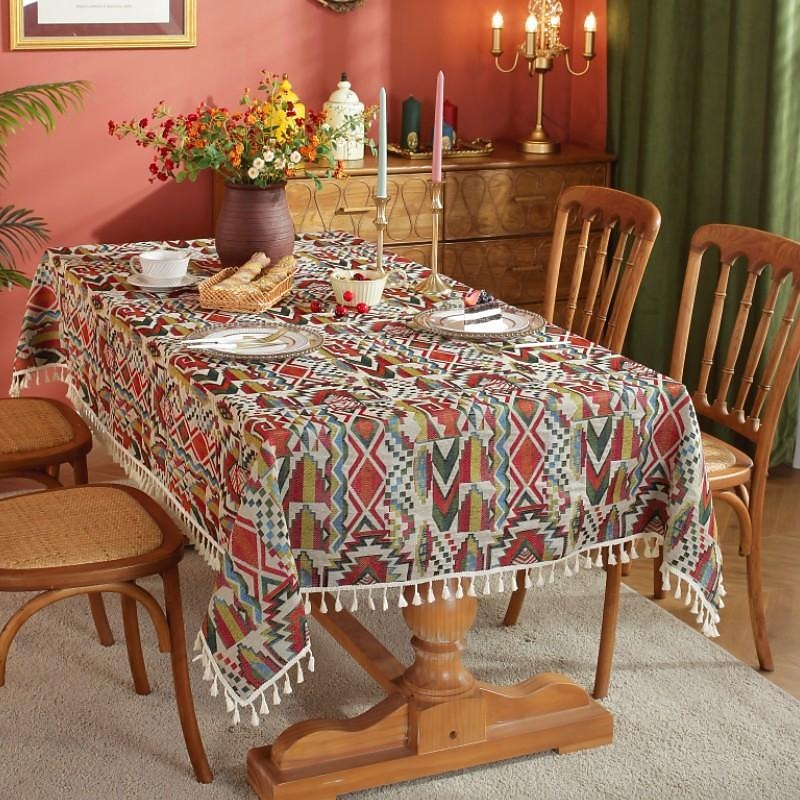 Farmhouse Tablecloth Boho Cotton Linen Table Cloth Bohemian Table Decor Wrinkle Resistant for Restaurant, Picnic, Indoor and Outdoor Dining
