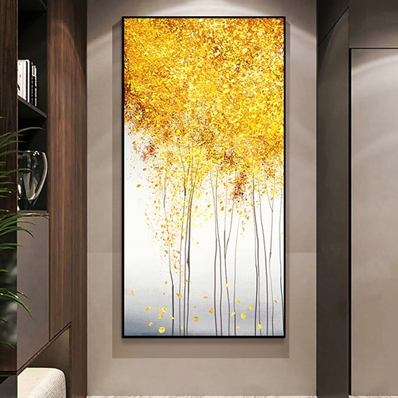 Gold Botanical Oil Painting Canvas Wall Art Decoration Modern Abstract Golden Fortune Tree for Home Decor Rolled Frameless Unstretched Painting