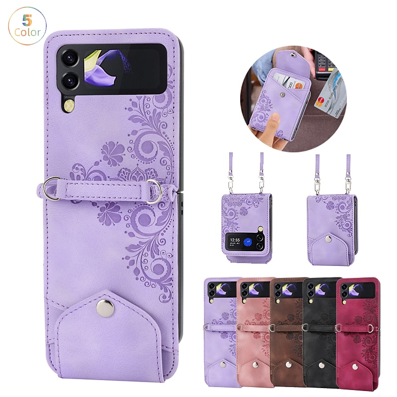 Phone Case For Samsung Galaxy Z Flip 6 Z Flip 5 Z Flip 4 Z Flip 3 Handbag Purse Flip Flip with Removable Cross Body Strap With Card Holder Solid Colored Flower PU Leather