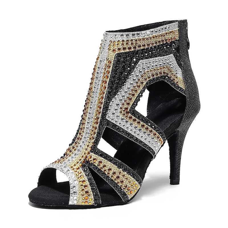 Women's Salsa Shoes Dance Boots Tango Shoes Performance Training Ankle Boots Heel Crystal / Rhinestone Sided Hollow Out Slim High Heel Peep Toe Zipper Lace-up Adults' Black / Gold