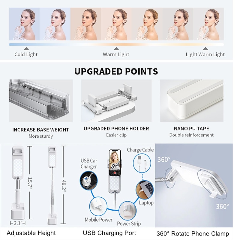Portable Phone Holder With LED Dimming Light for Live Stream Make Up YouTube TikTok Dimmable LED Camera Ring Light for iPhone & Android Phone4