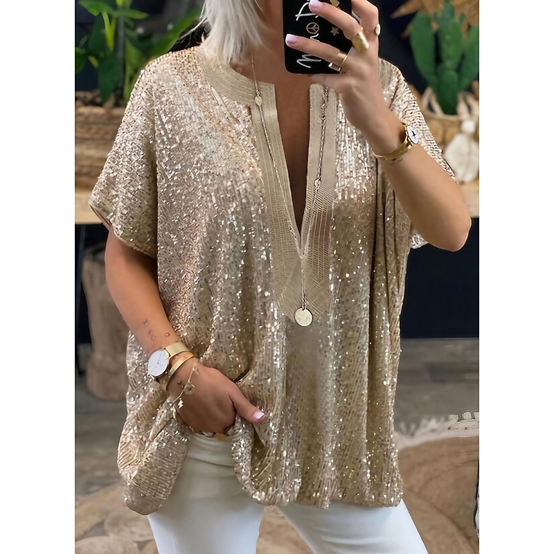 Women's Shirt Blouse Elegant Vintage Fashion Sparkly Sequins Long Sleeve Regular Tops V Neck Casual Weekend Silver Gold Spring Fall