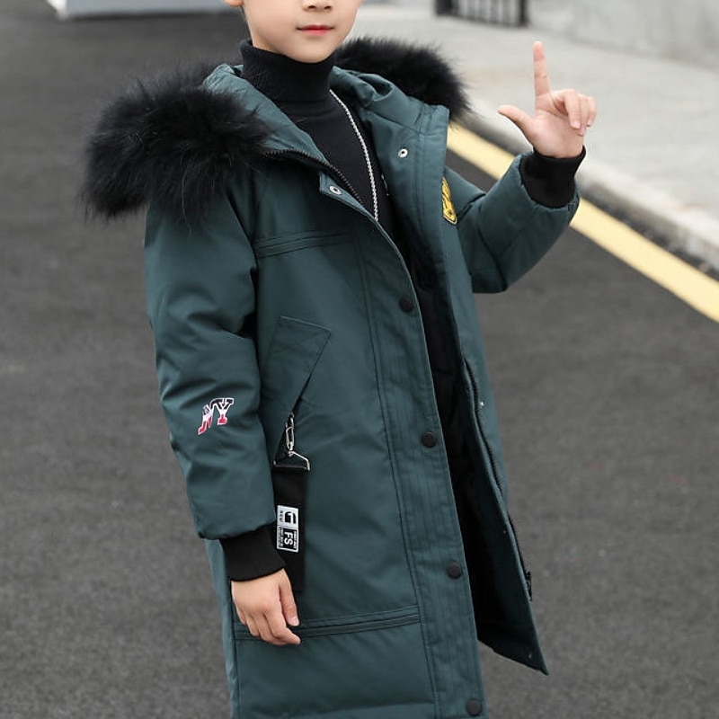 Kids Boys' Down Coat Puffer Jacket Outerwear Graphic Long Sleeve Zipper Pocket Coat Outdoor Cotton Cool Daily Black Green Fall Winter 7-13 Years2