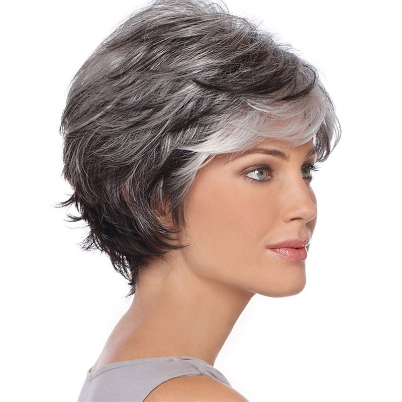 Short Grey Pixie Cut Wigs for Women layered Synthetic Hair Mixed Gray Wig with White Bangs Natural Wavy Wigs for Old Lady3