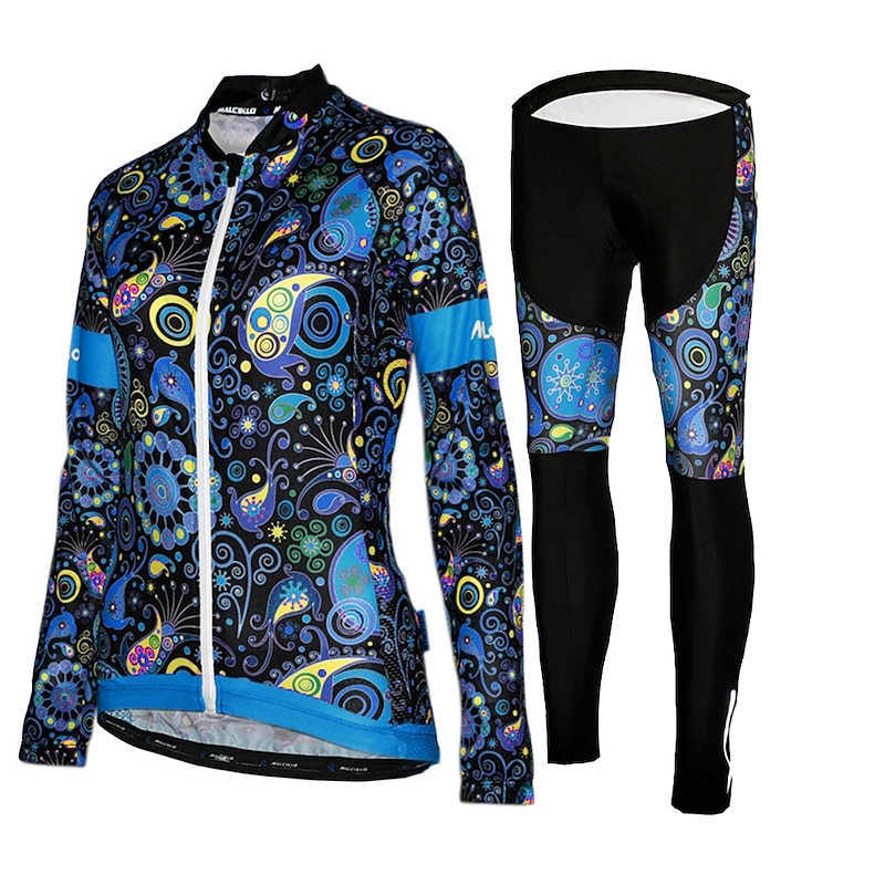 Women's Long Sleeve Cycling Jersey with Tights Winter Mesh Lycra Polyester Green Black Purple Floral Botanical Funny Bike Jersey Tights UV Resistant 3D Pad Breathable Quick Dry Reflective Strips4