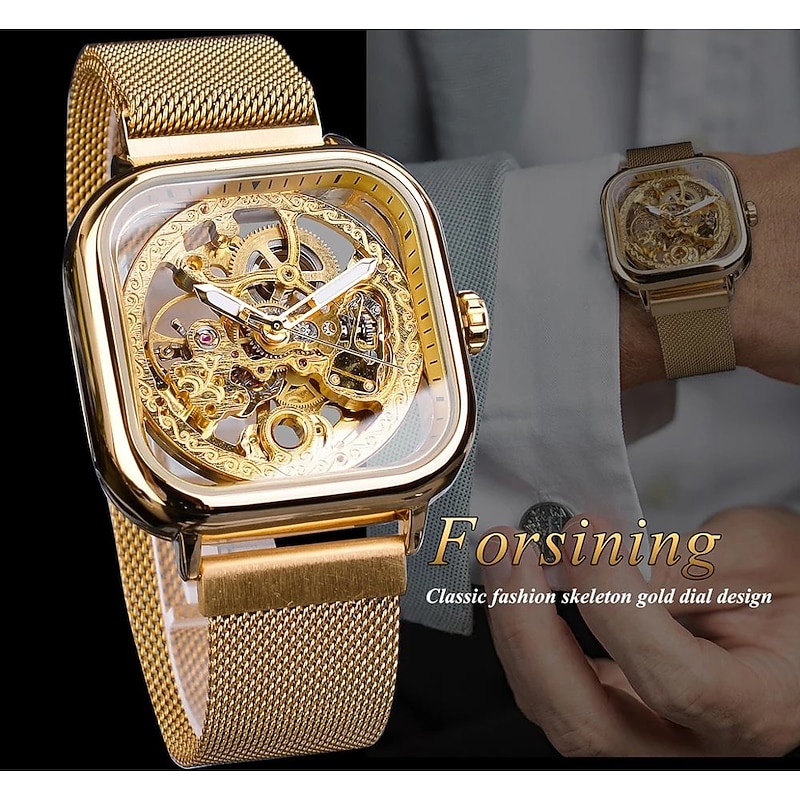 Forsining Golden Men Automatic Watch Square Skeleton Mesh Steel Band Mechanical Business Clock Relogio Masculino