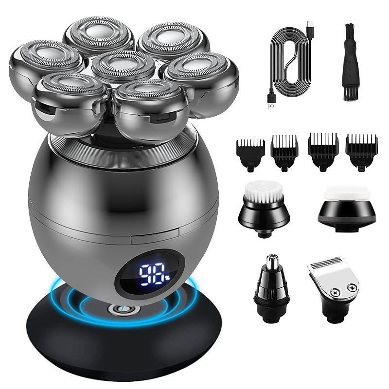 6 In 1 Electric Head Shaver for Bald Men 7D Floating Cutter Beard Trimmer Clipper IP68 Waterproof Shaving USB Wireless Charging  Christmas Gift