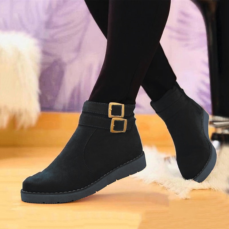 Women's Black Faux Suede Ankle Boots with Double Buckle, Flat Comfortable Casual Short Boots for Fall and Winter