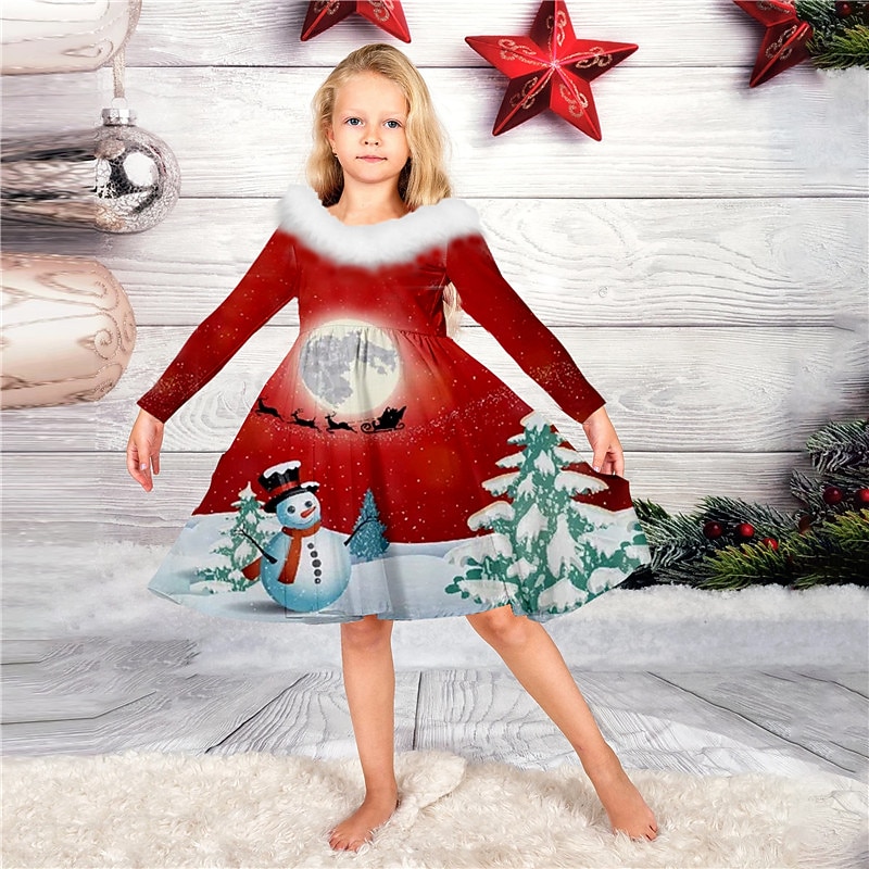 Kids Girls' Dress Casual Dress Above Knee Dress Fur Trim Long Sleeve Adorable Dress 2-13 Years Winter Green Blue Wine4