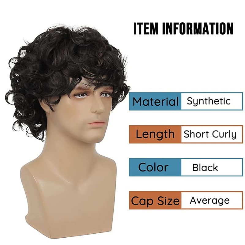 Mens Short Curly Black Wig with Bang Synthetic Cosplay Costume Party Natural Hair Wig3