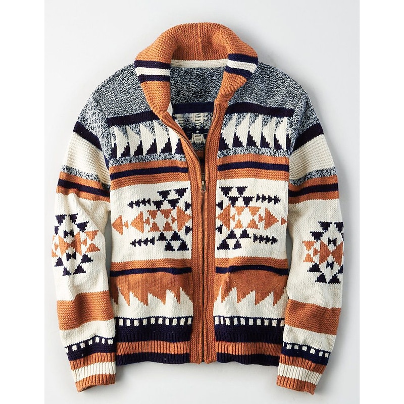 Men's Sweater Cardigan Fair Isle Sweater Zip Sweater Sweater Jacket Knit Buttons Knitted Geometric Shirt Collar Casual Clothing Apparel Fall Winter Red M L XL2