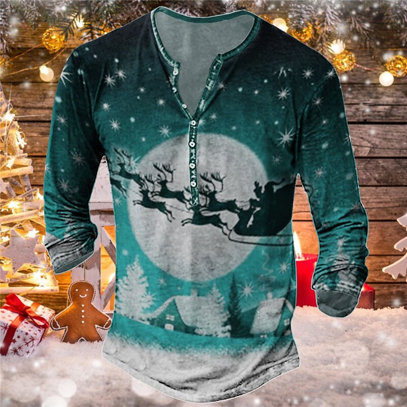 Christmas Men's Christmas Scene Henley T Shirt Tee Henley Tee Graphic Santa Claus Elk Henley Red Blue Orange 3D Print Outdoor Long Sleeve Button-Down Print Clothing Apparel Designer Basic Classic2