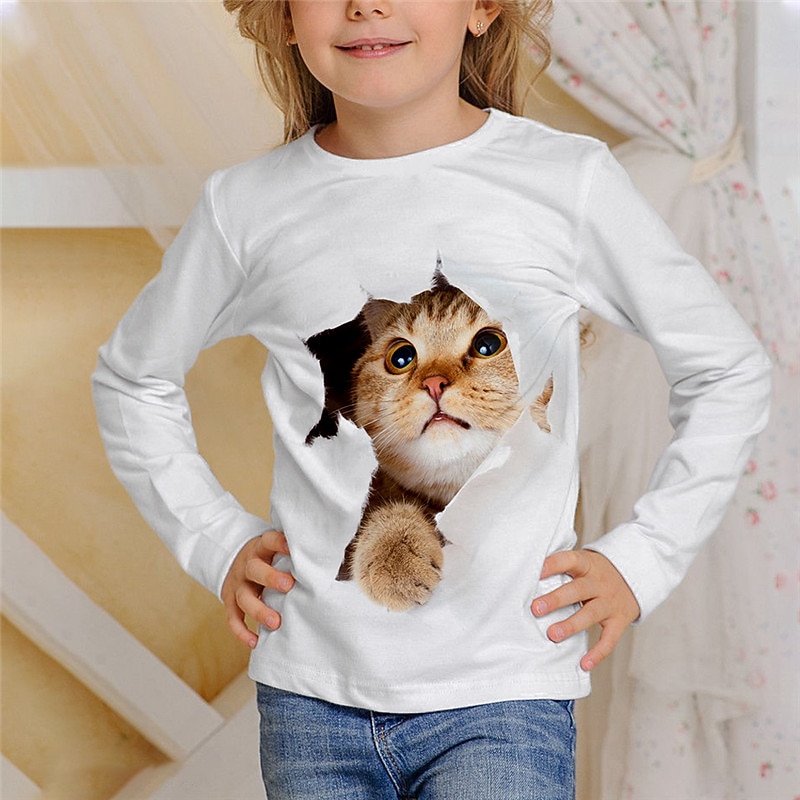 Kids Girls' T shirt Animal Casual 3D Printing Long Sleeve Crewneck Cute 7-13 Years Fall Black White Ivory2