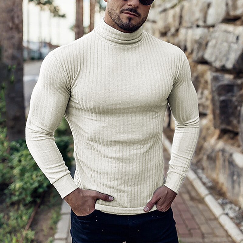Men's T Shirt Turtleneck shirt Muscle Shirt Ribbed Knit tee Long Sleeve Rolled collar Fall & Winter Plain Lightweight Classic Casual Outdoor Casual Sports Black White Pink Top Tee for Men3