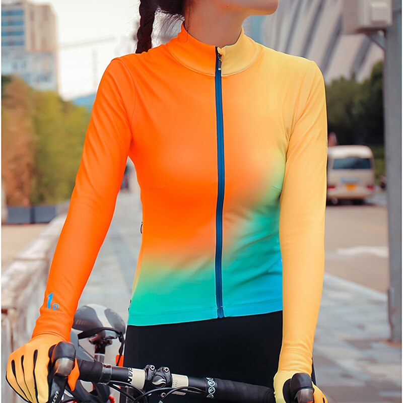Women's Cycling Jersey Gradient Long Sleeve Bike Jersey Top with 3 Rear Pockets Mountain Bike MTB Road Bike Cycling Quick Dry Reflective Strips Back Pocket Moisture Wicking Sports Blue Orange Rose Red2