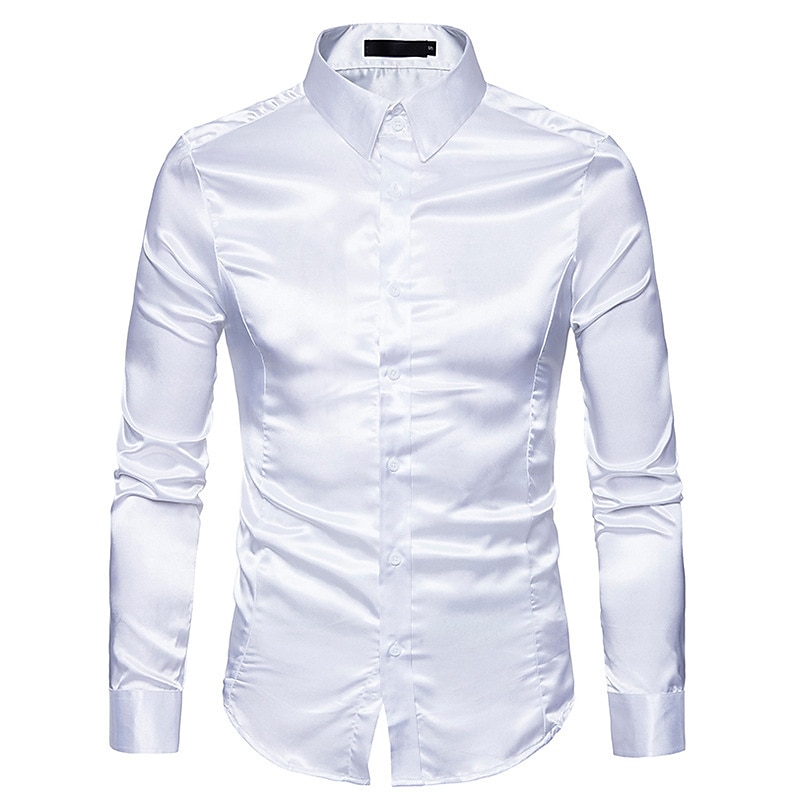 Men's Casual Shirt Collared Shirt Button Up Shirt Satin Silk Shirt Light Gray Pink Black White Yellow Long Sleeve Business / Ceremony / Wedding Clothing Apparel Polyester Casual Daily Casual Costume3