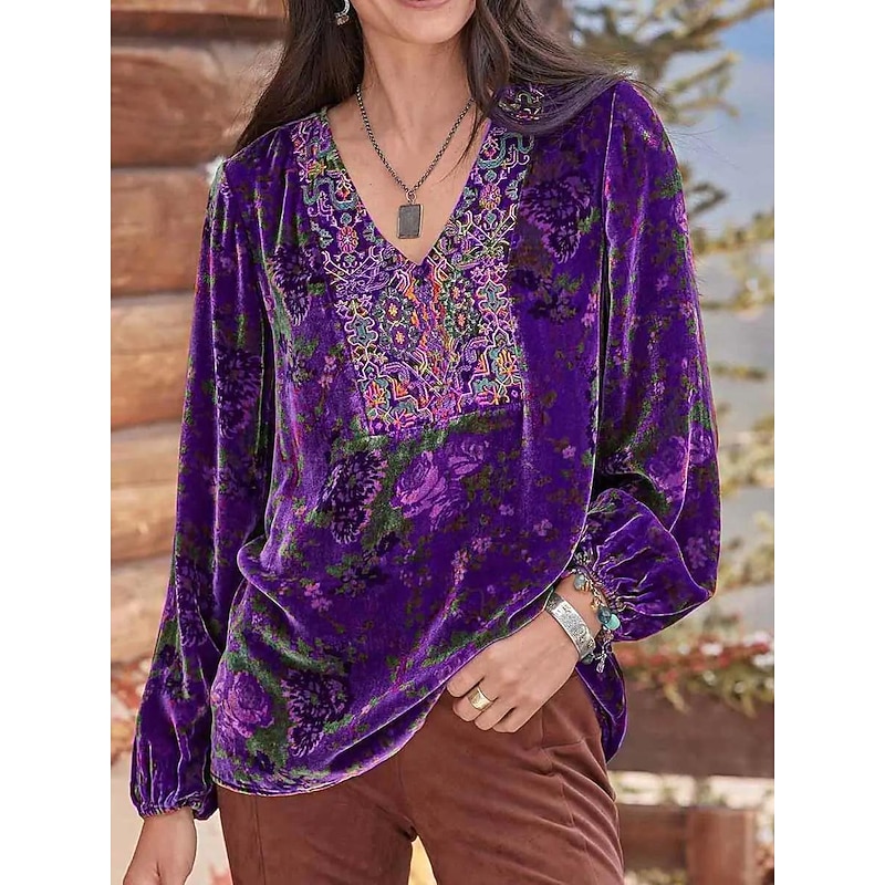 Women's Shirt Boho Shirt Blouse Velvet Basic Floral Print Long Sleeve Regular Tops V Neck Party New Year Yellow Red Purple Gray Spring Fall3