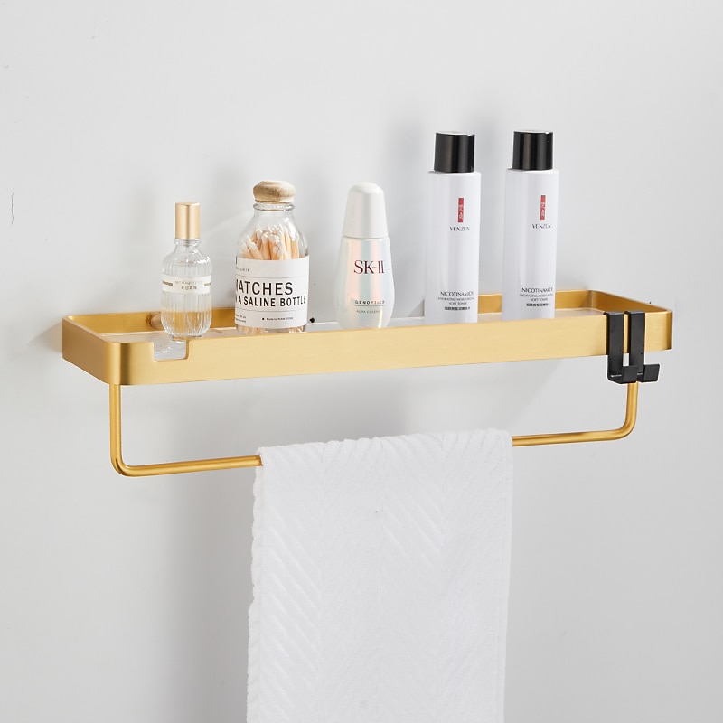 Bathroom Shelves Wall Mounted Golden Storage Organizer Rack Bathroom Kitchen Bathroom Hardware Pendant Bathroom Shelf Space Aluminum Acrylic Shower Rack Corner Shelf Square Bath Shower Shelf(Golden,Black)4