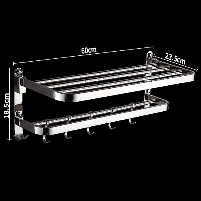 Multifunction Towel Rail Rack Holder Foldable Modern Stainless Steel Bathroom Shelf with Hooks Wall Mounted Silvery 1pc2