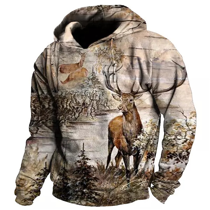 Men's Animal Reindeer Graphic Prints Hoodie Hoodies Sweatshirt Streetwear Designer Long Sleeve Hooded Daily Sports Blue Brown Print Spring &  Fall Designer - Main Image