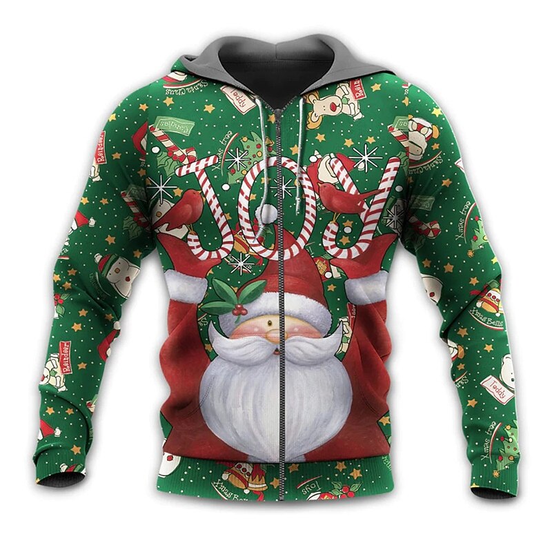Christmas Men's Santa Claus 3D Hoodies Full Zip Jacket Yellow Blue Green Hooded Santa Claus Graphic Prints Ugly  Zipper Print Sports & Outdoor Daily Sports 3D