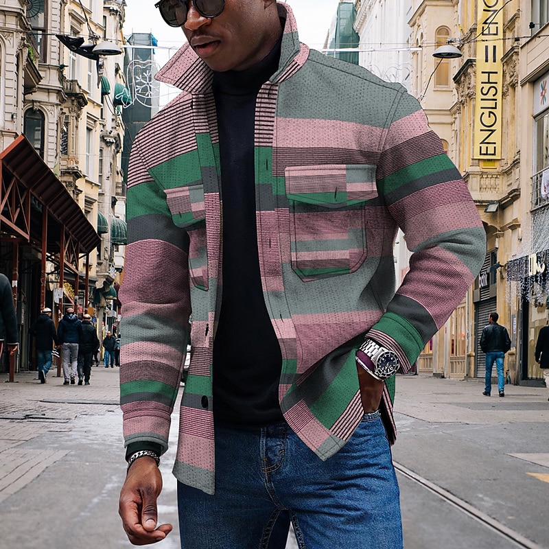 Men's Striped Geometric Pattern Collared Shirt Fleece Shirt Shirt Jacket Long Sleeve Streetwear Sporty Casual Outdoor Daily Going out Summer Spring Turndown Pocket Print Yellow Pink Blue Purple Orange4
