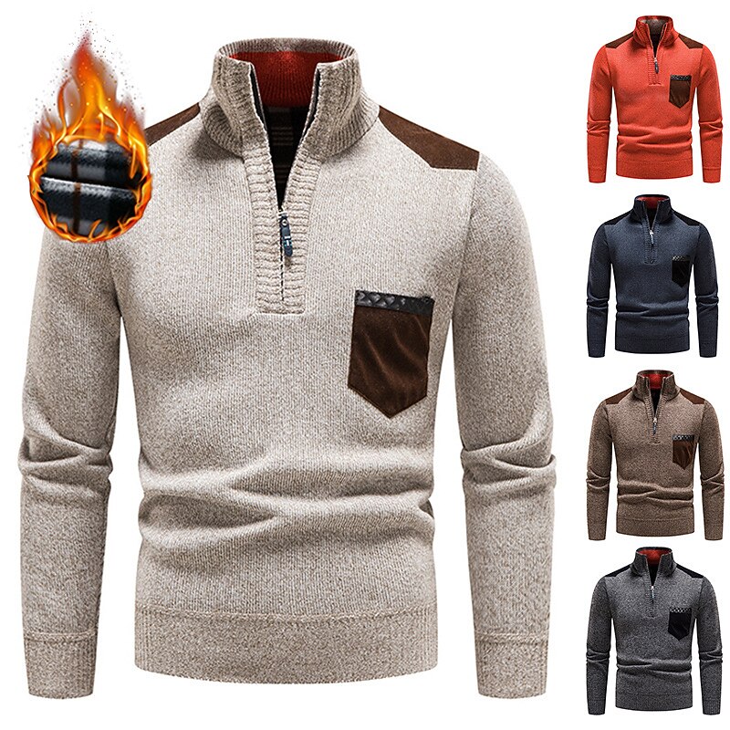 Men's Pullover Sweater Jumper Fleece Sweater Quarter Zip Pullover Sweater Ribbed Knit Zipper Knitted Color Block Half Zip Basic Keep Warm Work Daily Wear Clothing Apparel Fall & Winter Blue Red S M L