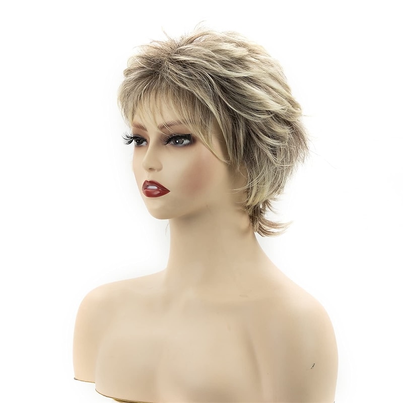 Short Blonde Pixie Cut Wigs for White Women Dark Brown Ombre Blonde Synthetic Hair Wigs Natural Looking Wig2
