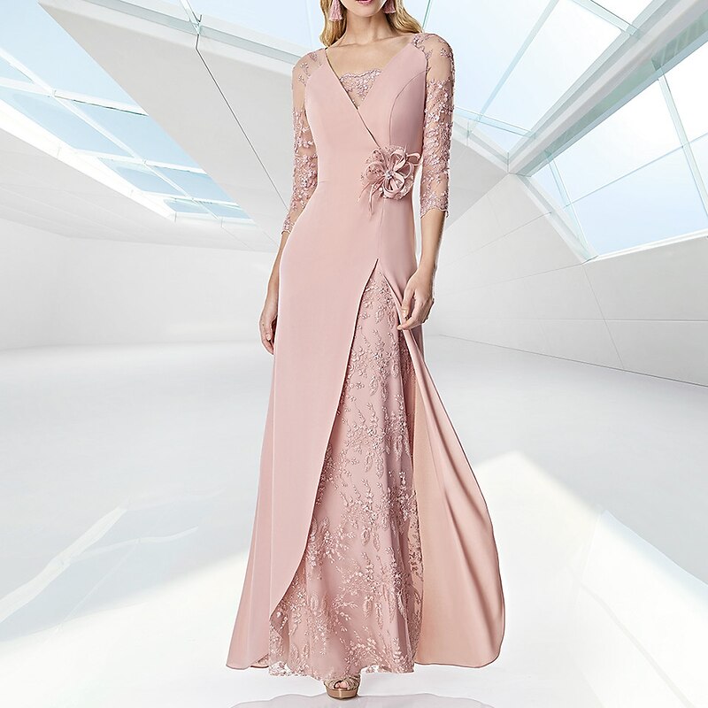 Beach Wedding A-Line Evening Gown Elegant Dress Formal Floor Length 3/4 Length Sleeve V Neck Fall Wedding Guest Chiffon with Embroidery2