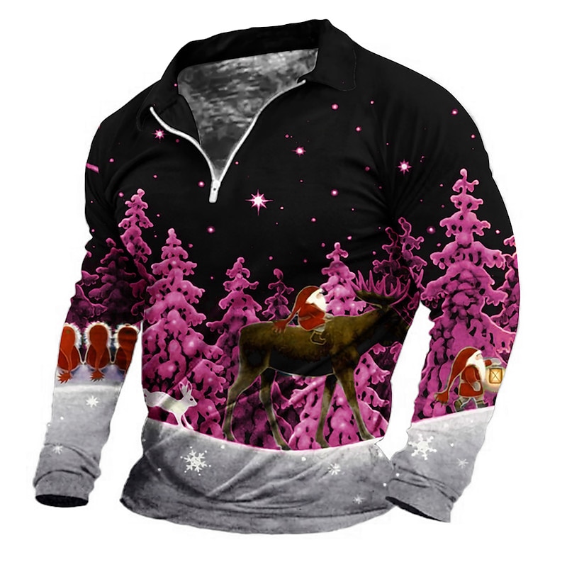 Christmas Men's Christmas Scene 3D Zipper Polo Golf Tree Santa Claus Graphic Prints Turndown White Pink Blue Purple Green 3D Print Street Long Sleeve Zipper Print Clothing Apparel Fashion Designer3