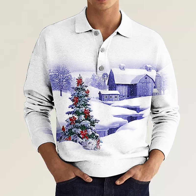 Christmas Men's Christmas Scene 3D Polo Golf Tree Graphic Prints House Turndown Yellow Blue Purple Green Gray 3D Print Street Long Sleeve Print Button-Down Clothing Apparel Fashion Designer Casual3
