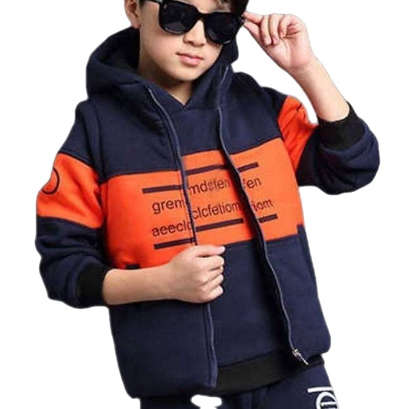 3 Pieces Kids Boys Tracksuits Outfit Color Block Letter Long Sleeve Cotton Set Sports Winter Fall 7-13 Years Black Navy Blue2