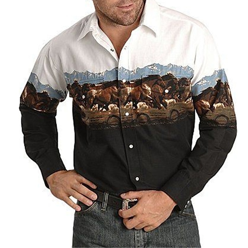 Men's Animal Horse Graphic Prints Shirt Western Shirt Cowboy Shirt Long Sleeve Fashion Designer Casual Outdoor Daily Fall & Winter Turndown Print Button-Down White Black / Green Light Green Black