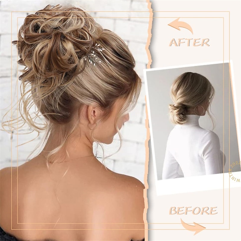 Tousled Updo Messy Bun Hair Piece Hair bun Extensions With Elastic Rubber Band Ponytail Hairpiece Scrunchies for Women (Brown Mix Light Blonde)3