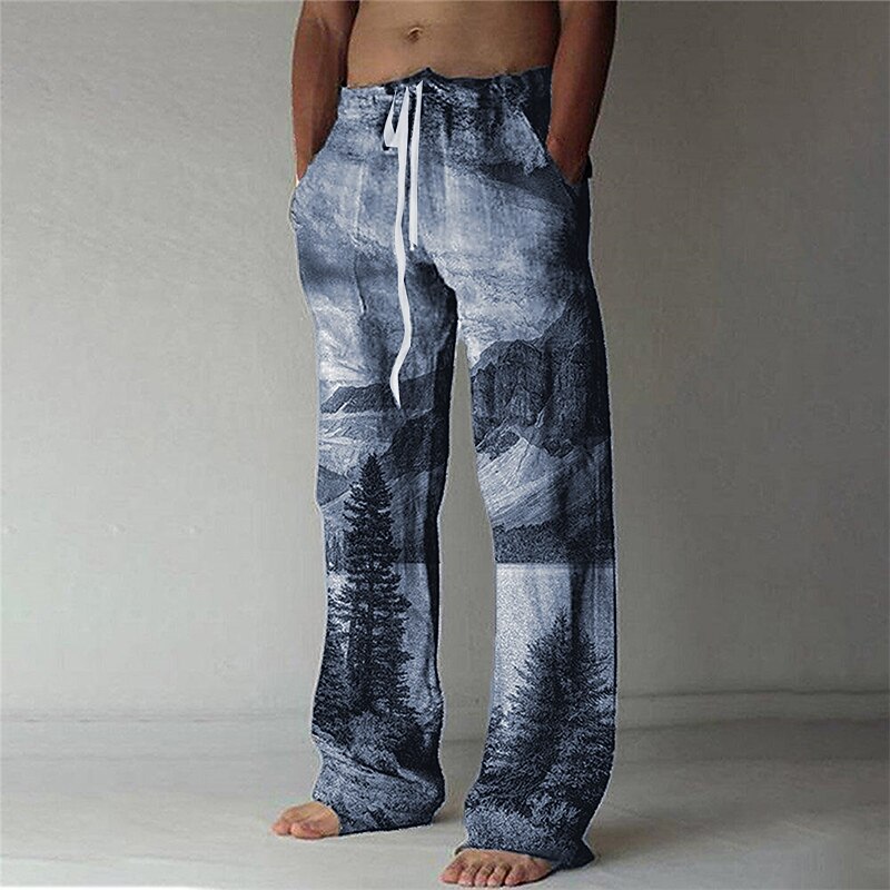 Men's Trousers Summer Pants Baggy Beach Pants Elastic Drawstring Design Front Pocket Straight Leg Tree Graphic Prints Comfort Soft Casual Daily For Vacation Linen Like Fabric Fashion Streetwear Blue2