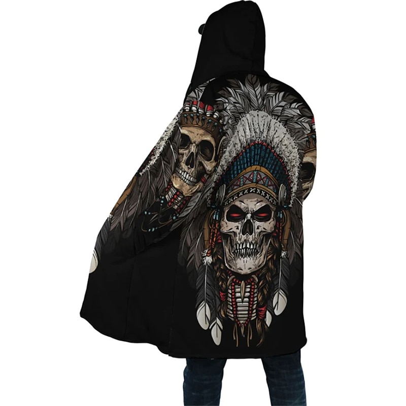 Men's Skull Indian Winter Coat Fleece Jacket Coat Warm Comfortable Breathable Streetwear Ethnic Style Vintage Style Sports & Outdoor Daily Wear Going out Zipper Pocket Print Fall & Winter Hoodie Long3